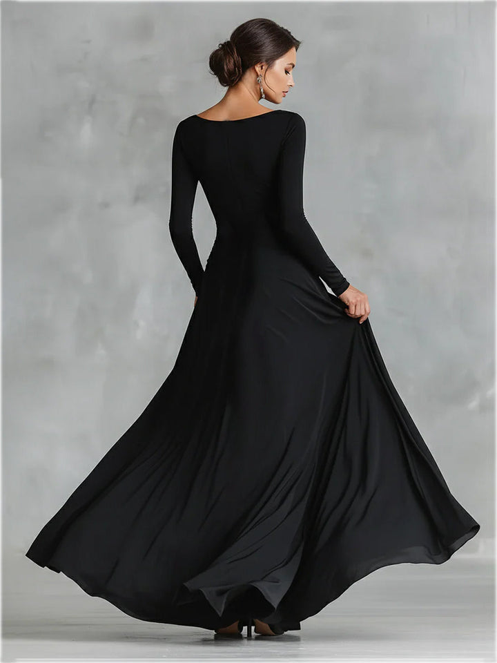 Damen Schwarzes modernes Maxikleid aus Crêpe mit gerafftem Bootsausschnitt MDA1472J7I
