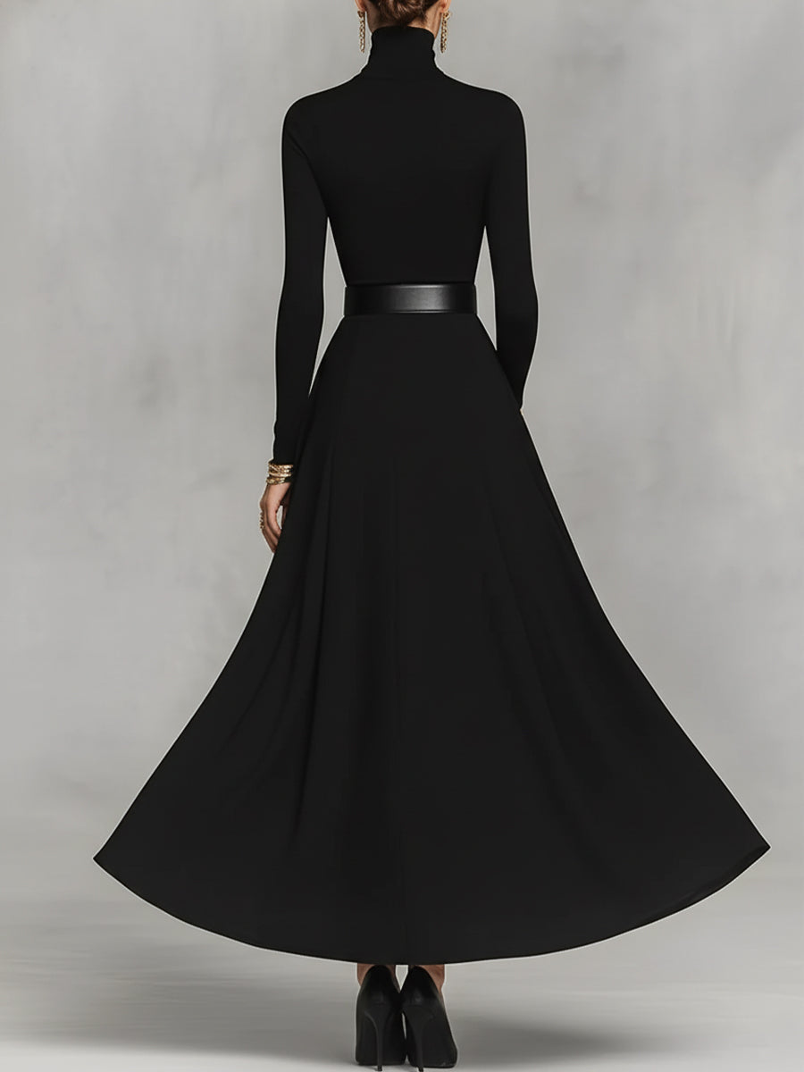 Damen Schwarzes Strick-Maxikleid mit elegantem hohem Kragen und Knopfdetails MDA1183K0I