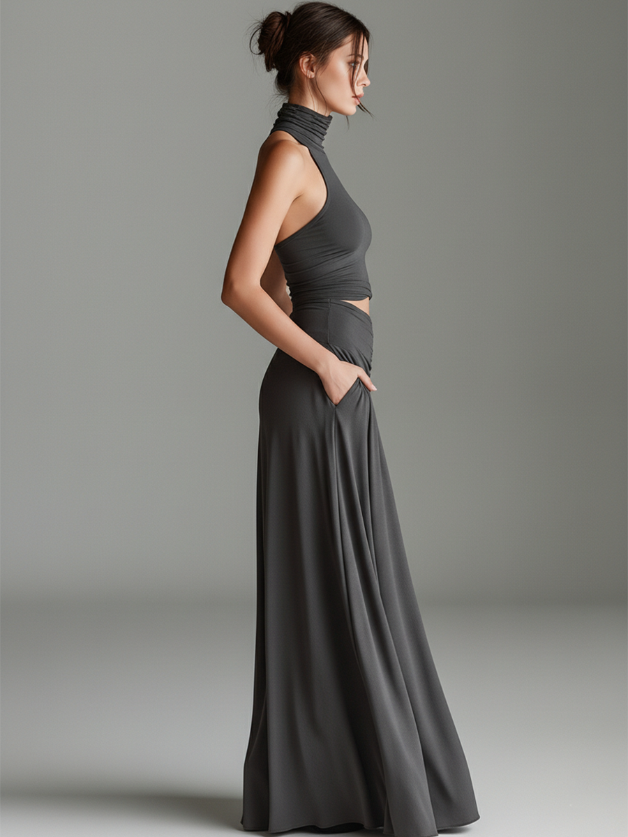 Robe en maille stretch gris charbon pour femme avec col roulé dos nu et taille découpée, robe élégante minimaliste intemporelle