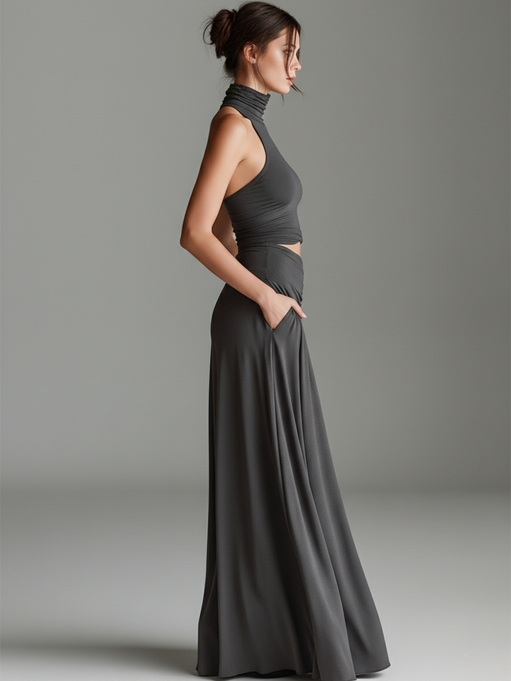 Robe en maille stretch gris charbon pour femme avec col roulé dos nu et taille découpée, robe élégante minimaliste intemporelle