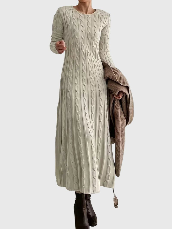 Elegant Cable Knit Sweater Dress for Women with Round Neck Long Sleeve Fitted Maxi Style