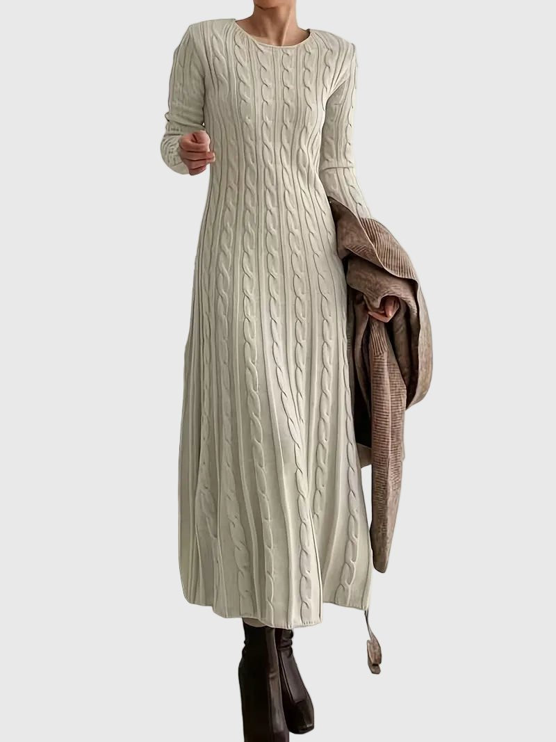 Comfortable Cable Knit Sweater Dress for Women with Round Neck Long Sleeve Fitted A Line Style