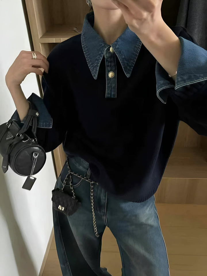Stylish Polo Shirts for Women with Denim Collar Knit Sweater Design