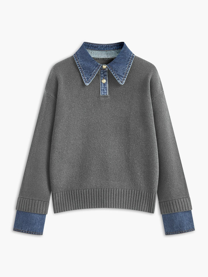 Stylish Polo Shirts for Women with Denim Collar Knit Sweater Design