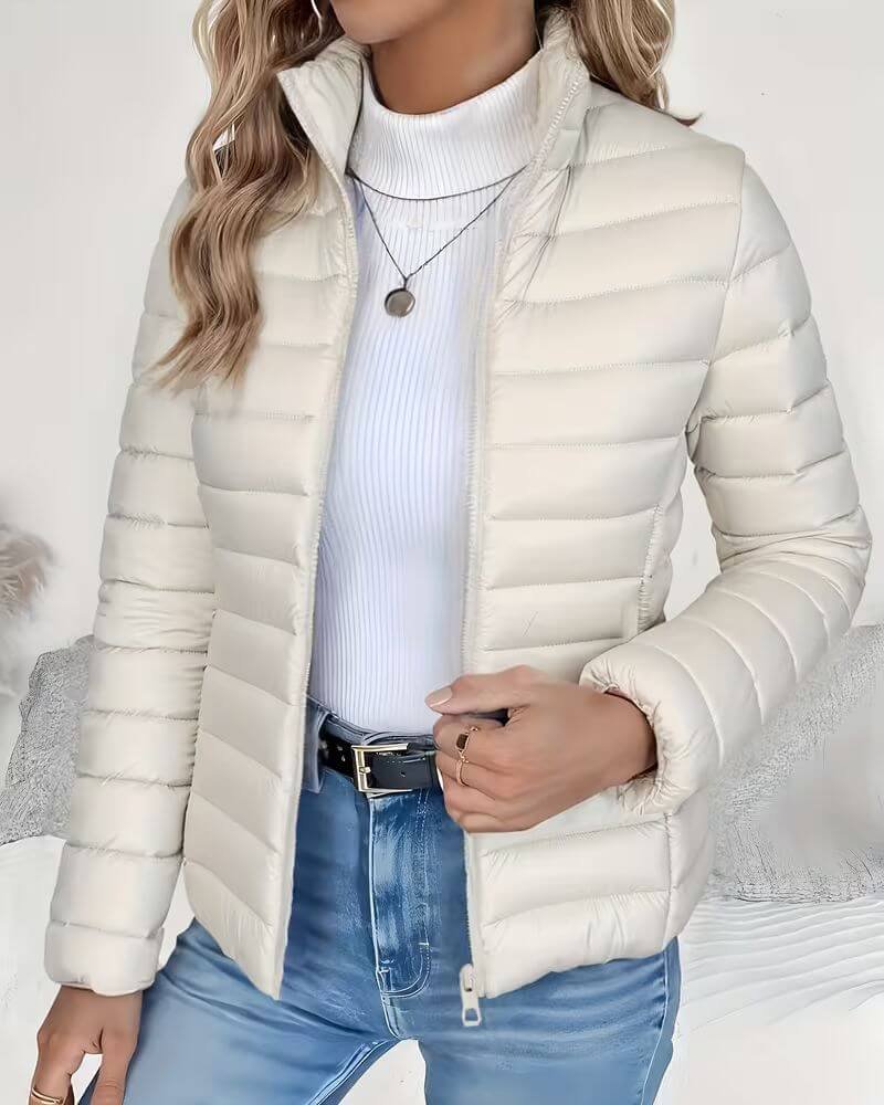 Effortless Quilted Puffer Jacket for Women with Stand Collar Long Sleeve Zip Front Relaxed Style