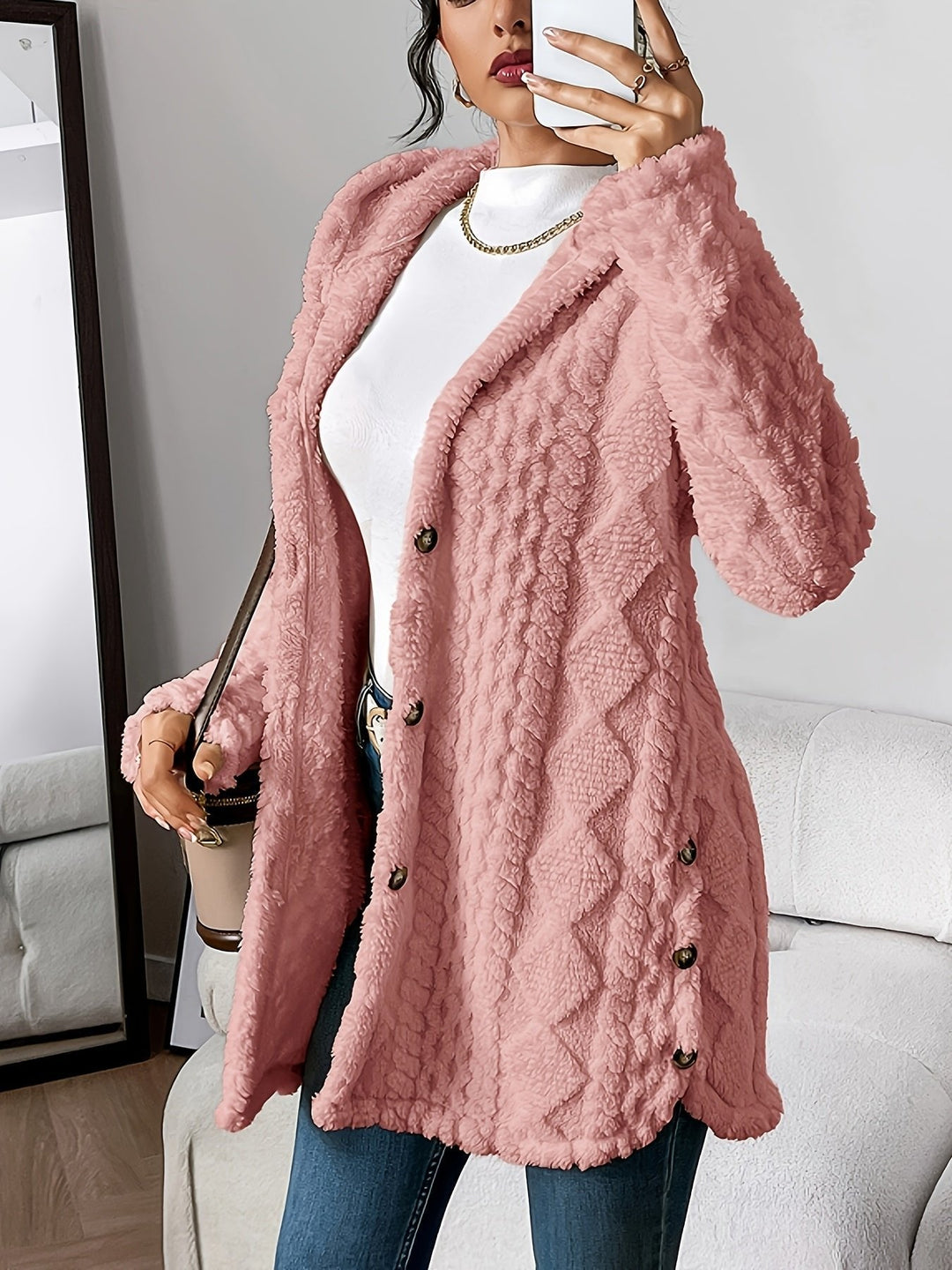 Comfortable Cardigan Sweater for Women with Plush Hooded Button-Front Long Style