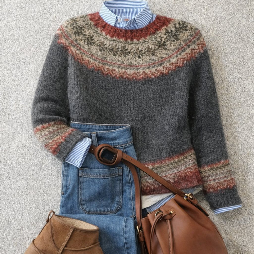Effortless Gray Sweaters for Women with Fair Isle Nordic Knit Crewneck Relaxed Fit