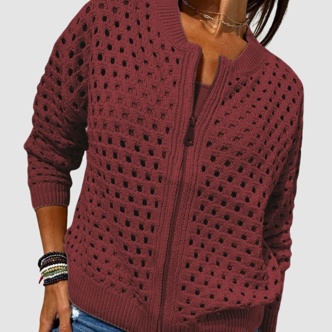 Effortless Cardigan Sweater for Women with Hollow-Knit Zip-Up Relaxed Fit