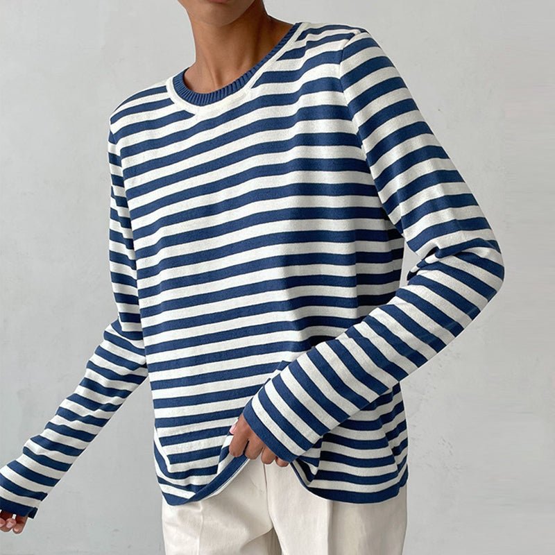 Effortless Sweaters for Women with Nautical Stripe Crew Neckline Relaxed Long Sleeve Style