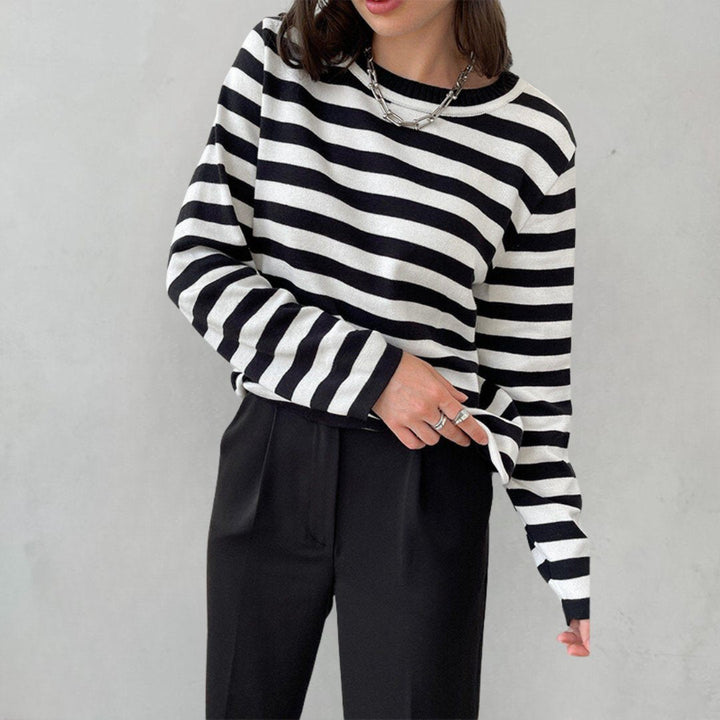 Effortless Sweaters for Women with Nautical Stripe Crew Neckline Relaxed Long Sleeve Style