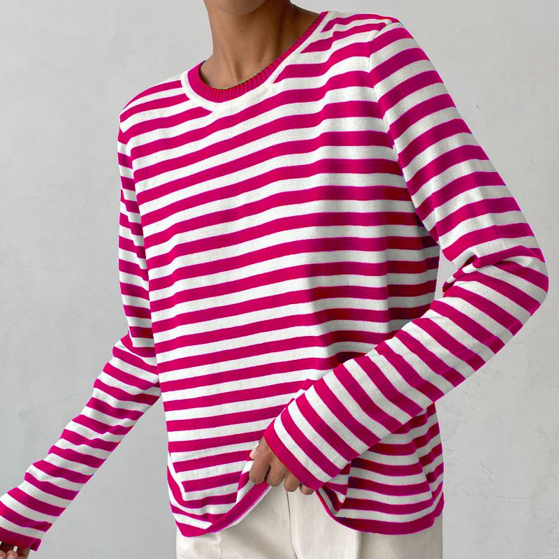Effortless Sweaters for Women with Nautical Stripe Crew Neckline Relaxed Long Sleeve Style