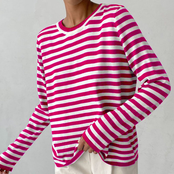 Effortless Sweaters for Women with Nautical Stripe Crew Neckline Relaxed Long Sleeve Style