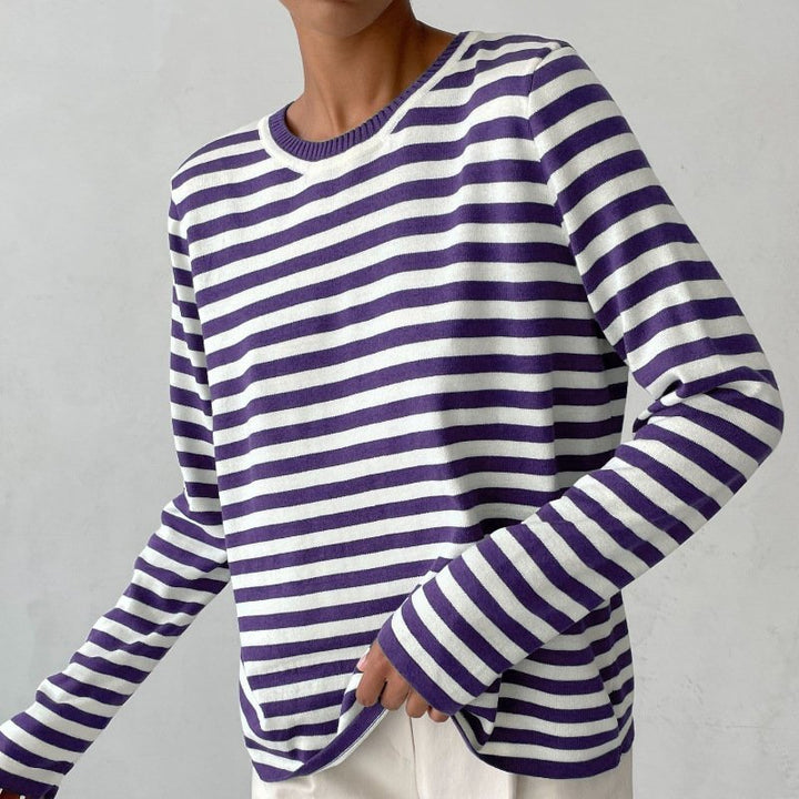 Effortless Sweaters for Women with Nautical Stripe Crew Neckline Relaxed Long Sleeve Style