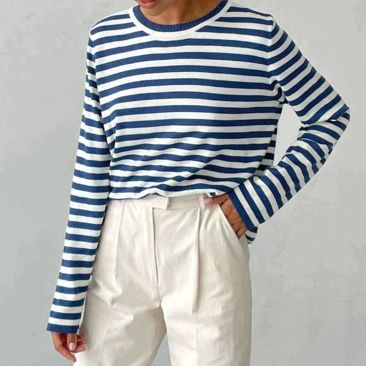Effortless Sweaters for Women with Nautical Stripe Crew Neckline Relaxed Long Sleeve Style