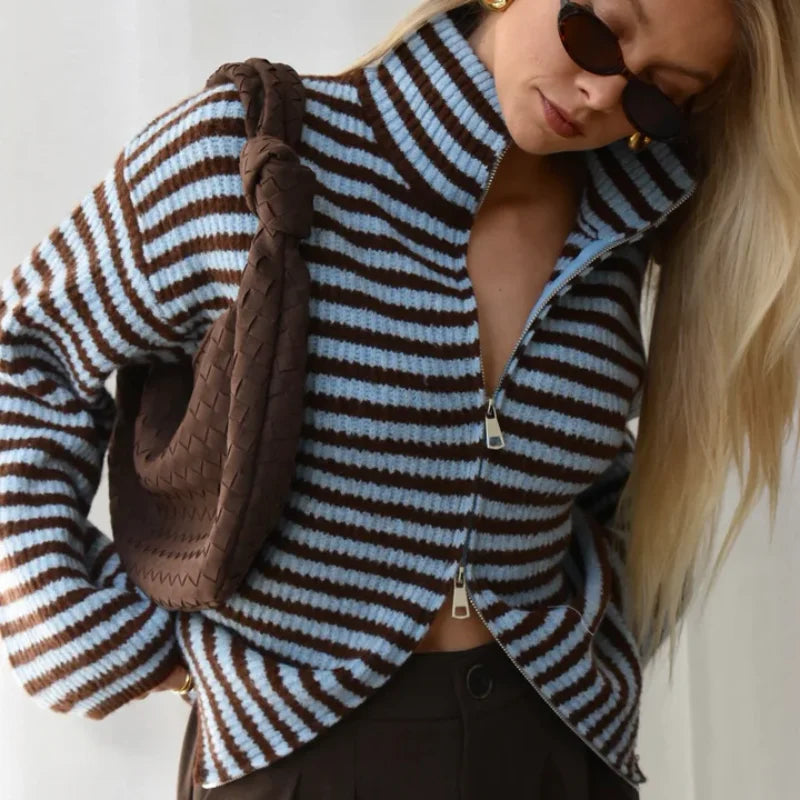 Comfortable Ribbed Cardigan for Women with High Collar Long Sleeve Oversized Zip Front Knit Style