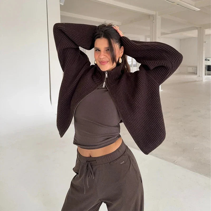 Comfortable Ribbed Cardigan for Women with High Collar Long Sleeve Oversized Zip Front Knit Style