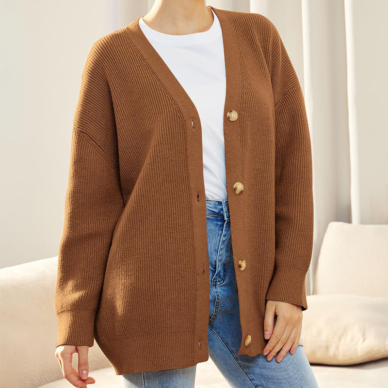Comfortable Ribbed Cardigan for Women with V Neck Long Sleeve Button Front Oversized Knit Style